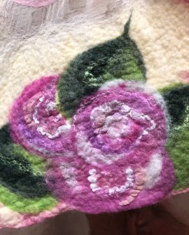 Agnes Foss - Felted Merino Scarf / Wrap - Pink Roses on Cream Background with Pink Edging and Organza Insert