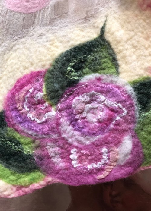 Agnes Foss - Felted Merino Scarf / Wrap - Pink Roses on Cream Background with Pink Edging and Organza Insert