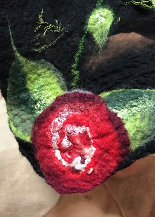 Agnes Foss - Felted Merino Scarf / Wrap - Crimson Roses on Black Background with Silk Inserts