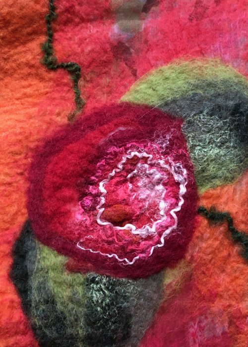 Agnes Foss - Felted Merino Scarf / Wrap - Red Roses on Orange Background with Organza Inserts
