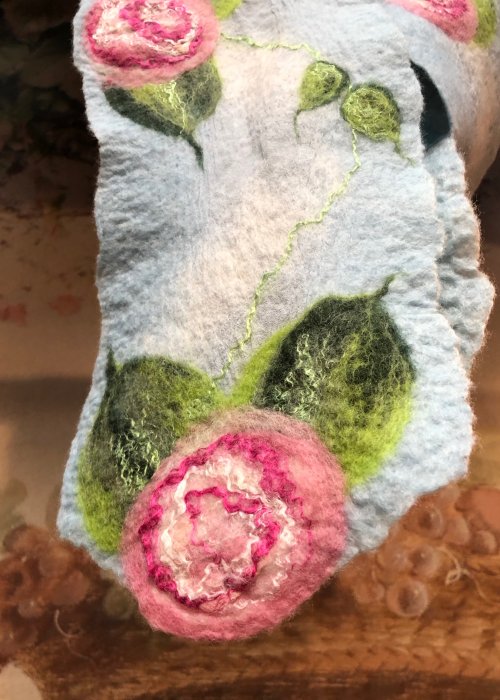 Agnes Foss - Felted Merino Scarf - Pink Roses on Blue Background 
