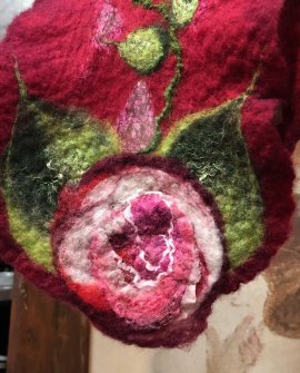 Agnes Foss - Felted Merino Scarf - Crimson Roses on Crimson Background 