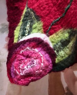 Agnes Foss - Felted Merino Scarf / Wrap - Crimson Roses on Crimson Background 