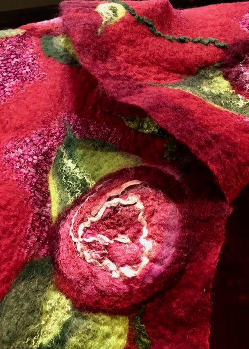 Agnes Foss - Felted Merino Scarf / Wrap - Crimson Roses on Crimson Background 
