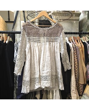 Magnolia Pearl | Linen Ramie Top with Lace Sleeves & Bodice | Nanette - Antique White