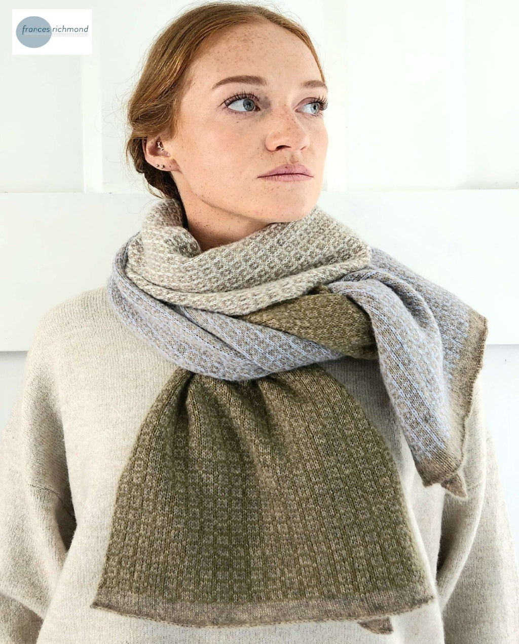 Frances Richmond | Merino-Silk-Cashmere Scarf | Olive Blue Grey Tones